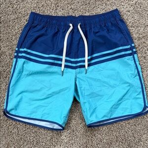 Fair Harbor Men's Two-Tone Blue Swim Trunks with Stripe Detail